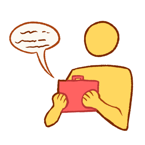 a featureless emoji yellow person holding a pink tablet, with a speech bubble containing scribbles coming from the tablet.